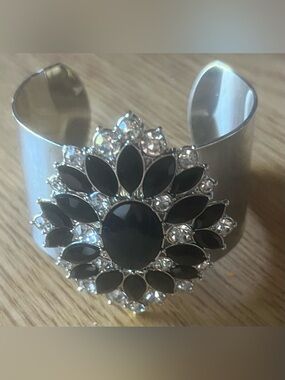 Silver Cuff Bracelet with Black and Rhinestone Design